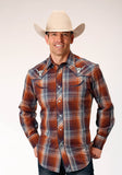 Roper Mens Long Sleeve Snap Brown Navy Cream Plaid Western Shirt With Piping And Embroidery On Yokes - Roper