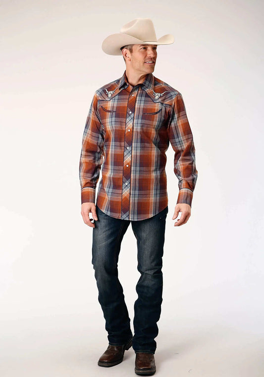 Roper Mens Long Sleeve Snap Brown Navy Cream Plaid Western Shirt With Piping And Embroidery On Yokes - Roper - Flyclothing LLC