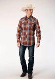Roper Mens Long Sleeve Snap Brown Navy Cream Plaid Western Shirt With Piping And Embroidery On Yokes - Roper