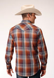 Roper Mens Long Sleeve Snap Brown Navy Cream Plaid Western Shirt With Piping And Embroidery On Yokes - Roper