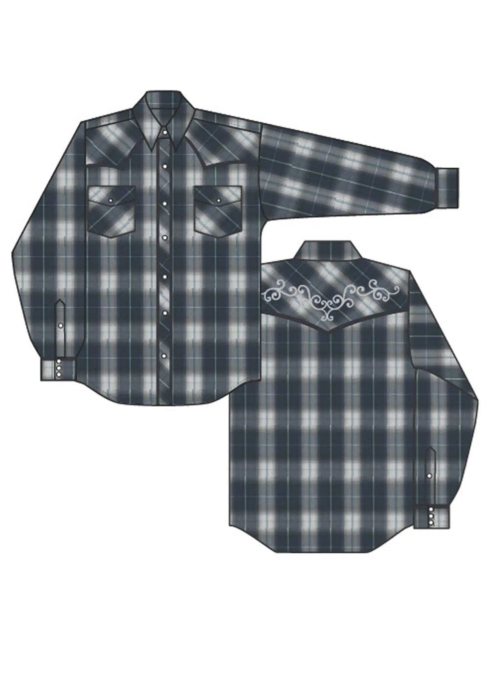 Roper Mens Long Sleeve Snap Navy Grey  And Light Blue Large Scale Plaid Western Shirt - Roper