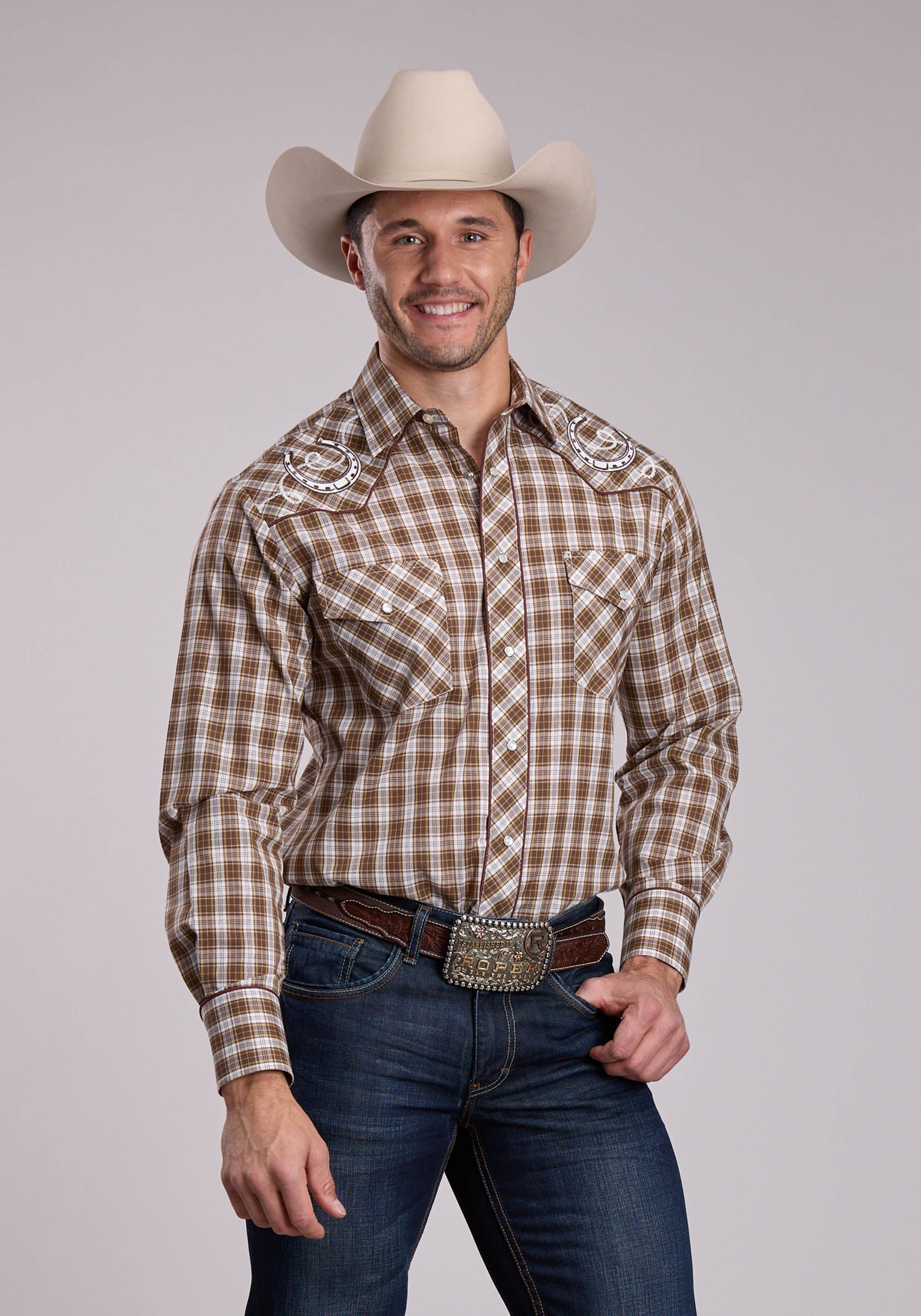 Mens Roper Brown Plaid Long Sleeve Snap Shirt