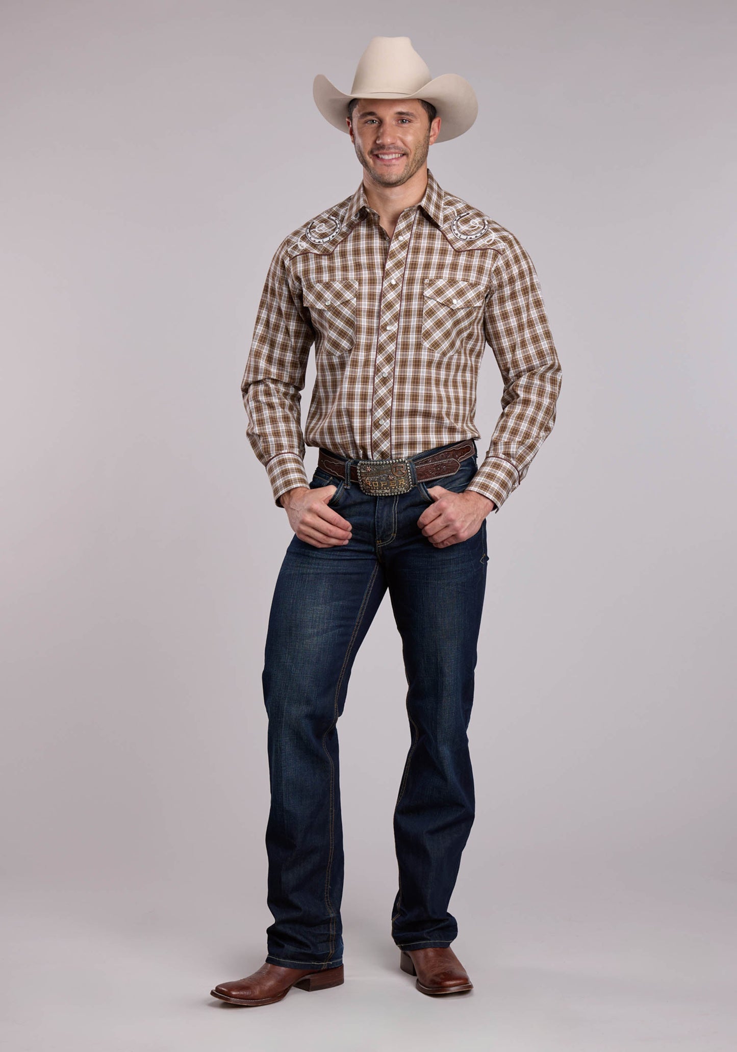 Mens Roper Brown Plaid Long Sleeve Snap Shirt