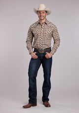 Mens Roper Brown Plaid Long Sleeve Snap Shirt