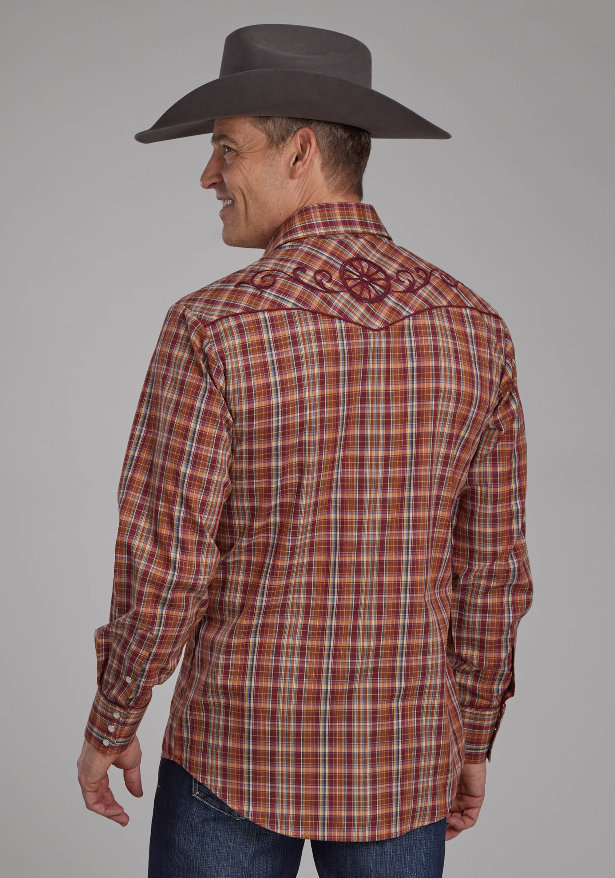 Roper Mens Wine Rust Yellow And Blue Plaid Long Sleeve Snap Western Sh