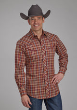 Roper Mens Wine Rust Yellow And Blue Plaid Long Sleeve Snap Western Shirt