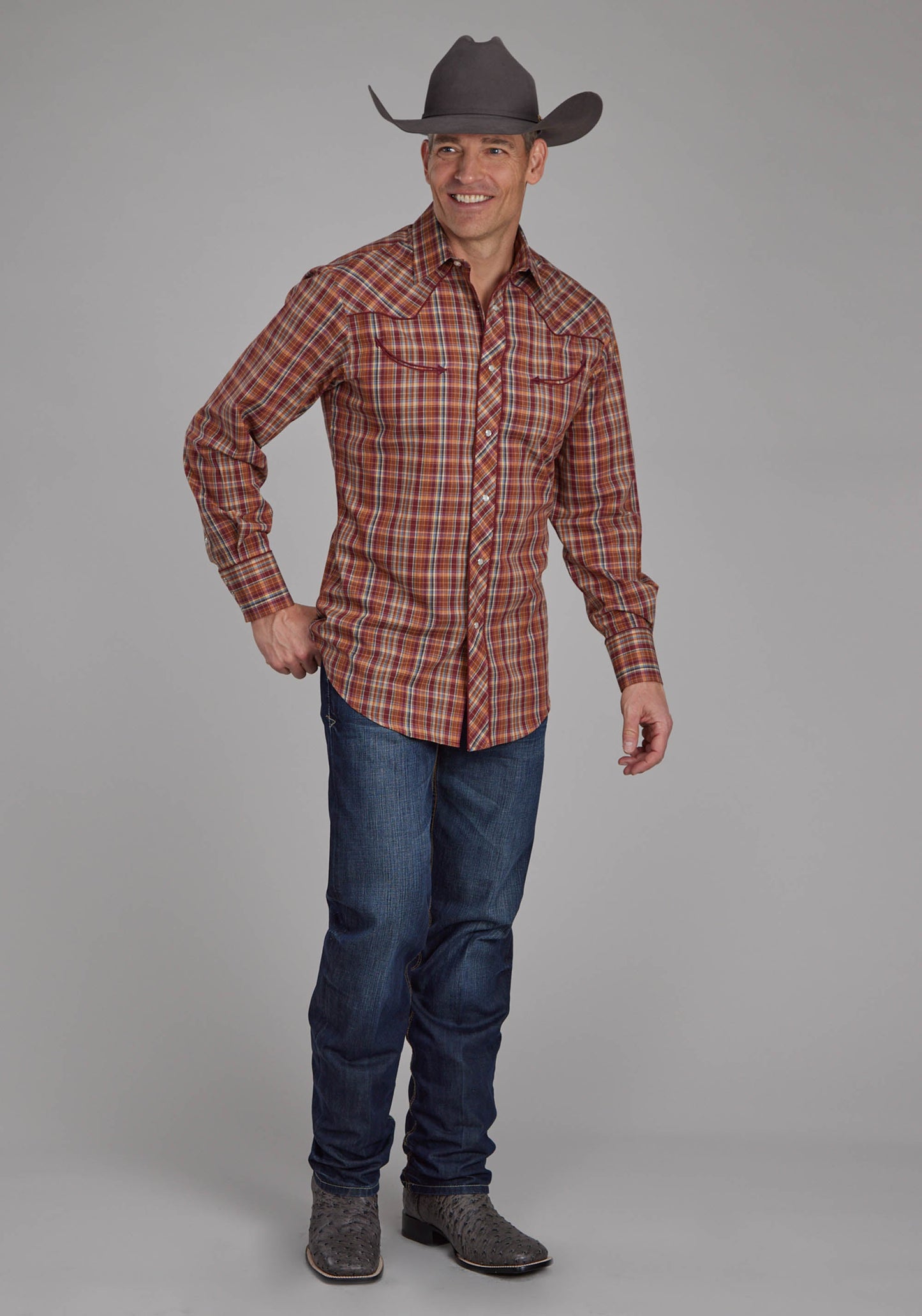 Roper Mens Wine Rust Yellow And Blue Plaid Long Sleeve Snap Western Shirt