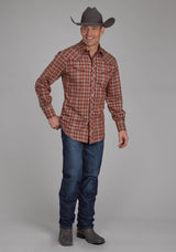 Roper Mens Wine Rust Yellow And Blue Plaid Long Sleeve Snap Western Shirt