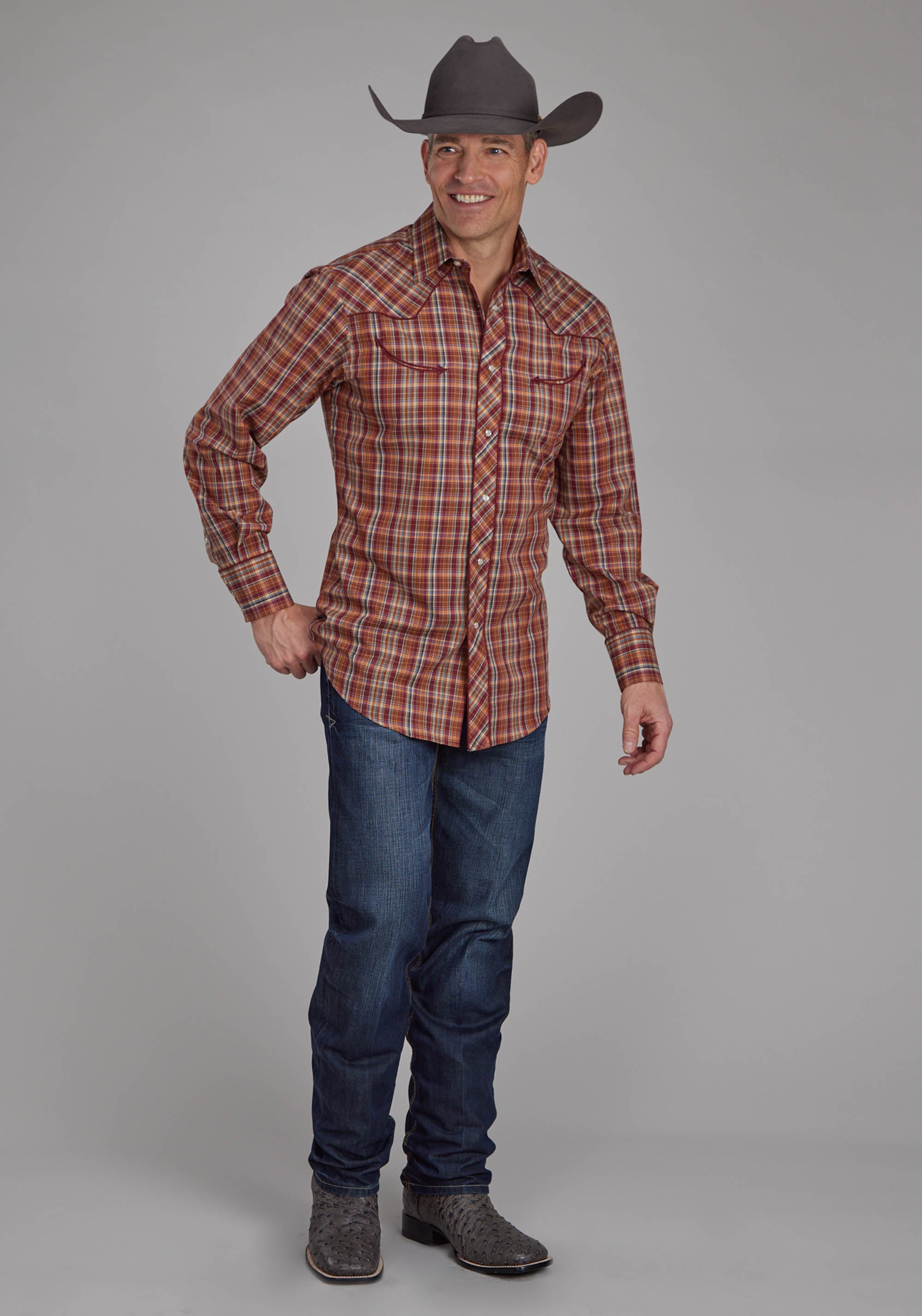 Roper Mens Wine Rust Yellow And Blue Plaid Long Sleeve Snap Western Shirt