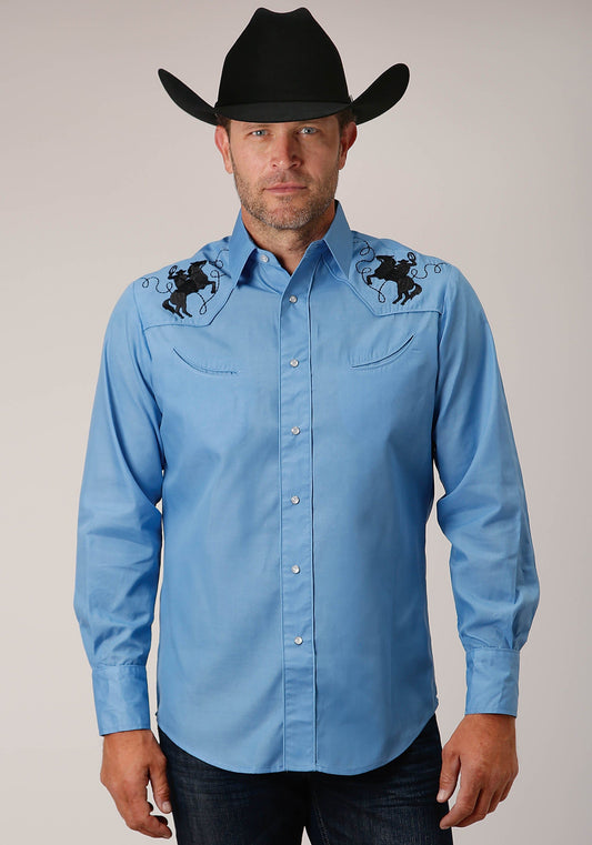 Roper Mens Long Sleeve Snap Solid Broadcloth  Heritage Blue Western Shirt - Roper