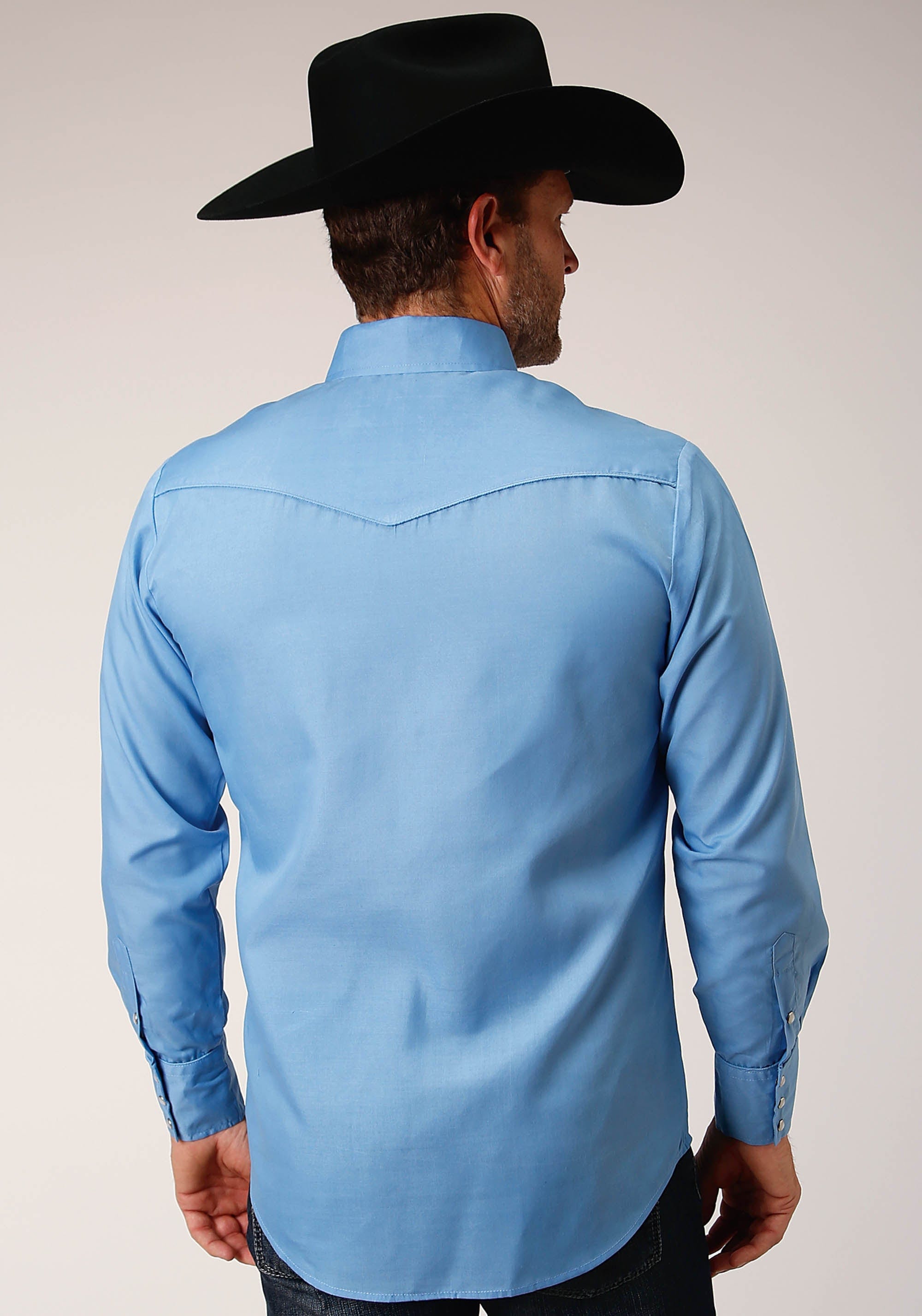 Roper Mens Long Sleeve Snap Solid Broadcloth  Heritage Blue Western Shirt - Roper