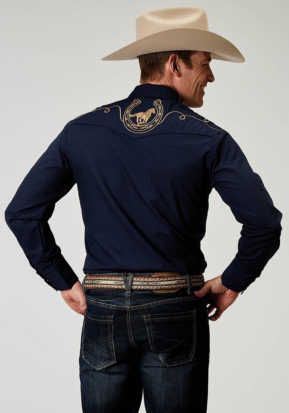 Roper Mens Long Sleeve Snap Solid Broadcloth Deep Navy Western Shirt With Embroidery On Back Yokes Smile Pockets - Roper
