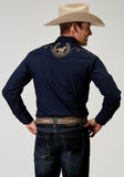 Roper Mens Long Sleeve Snap Solid Broadcloth Deep Navy Western Shirt With Embroidery On Back Yokes Smile Pockets - Roper