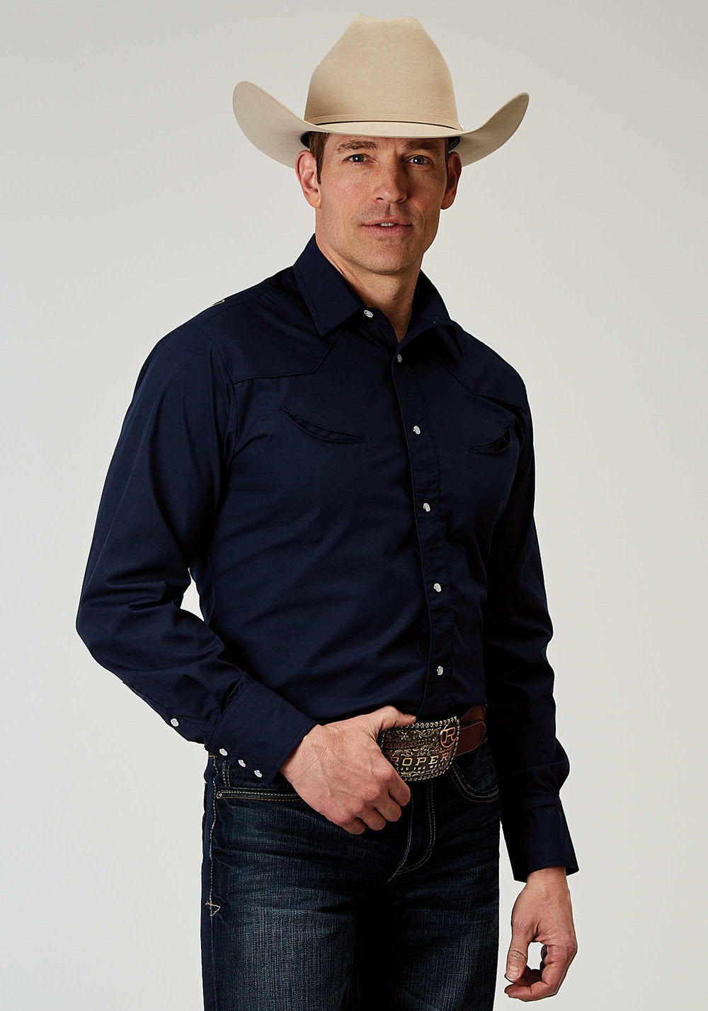 Roper Mens Long Sleeve Snap Solid Broadcloth Deep Navy Western Shirt With Embroidery On Back Yokes Smile Pockets - Roper - Flyclothing LLC