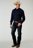 Roper Mens Long Sleeve Snap Solid Broadcloth Deep Navy Western Shirt With Embroidery On Back Yokes Smile Pockets - Roper