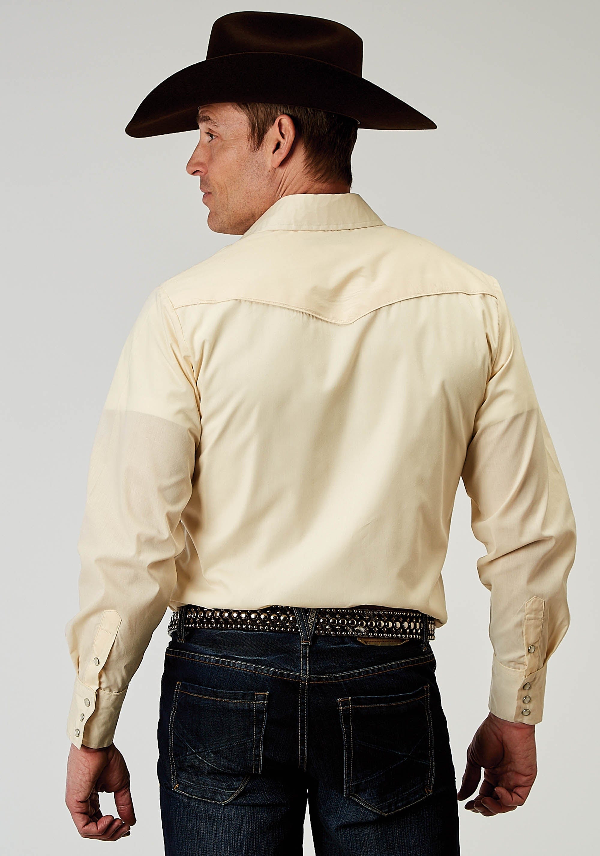 Roper Mens Long Sleeve Snap Solid Broadcloth Warm Ecru Western Shirt With Embroidery On Front Yokes Smile Pockets - Roper