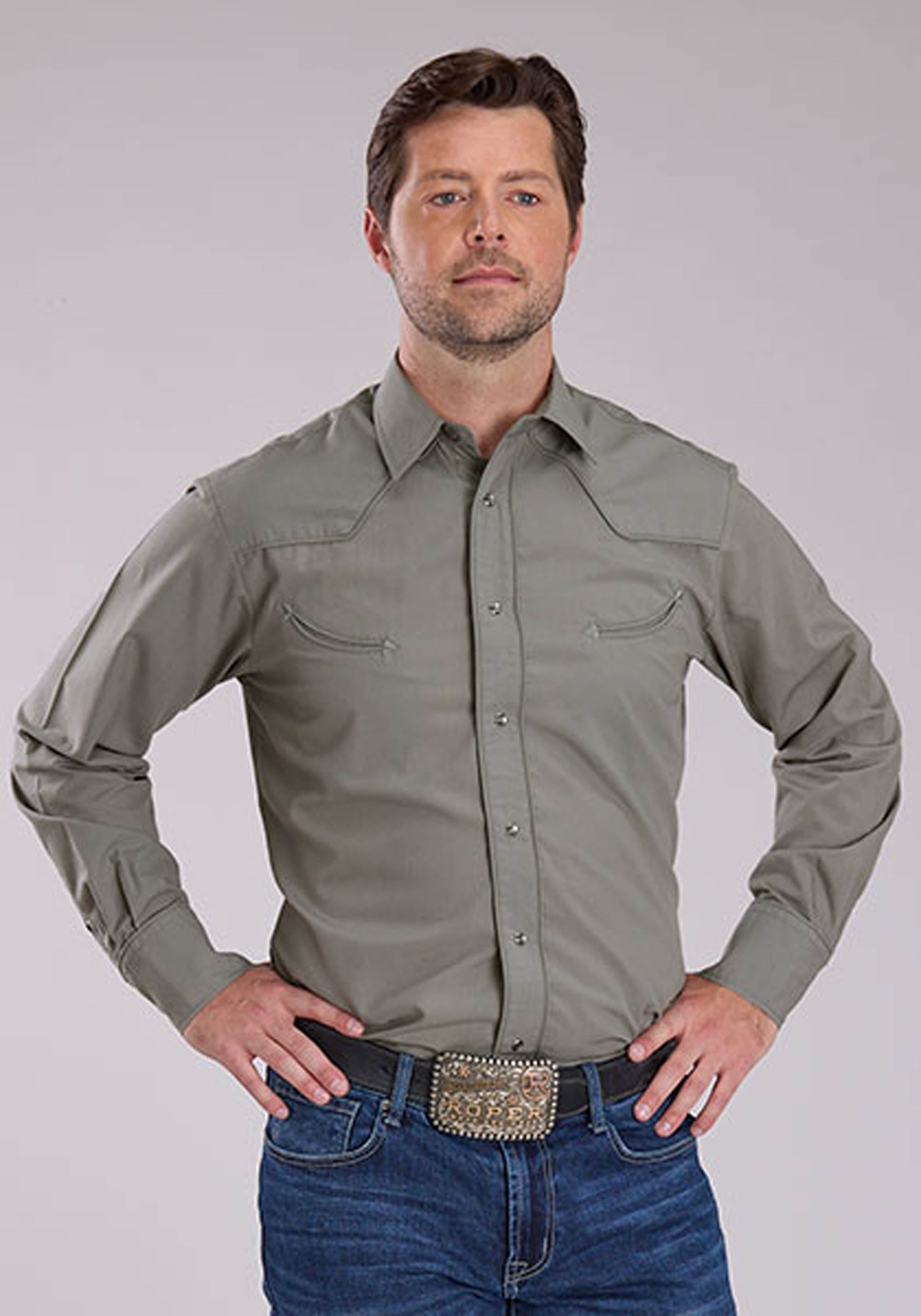 Roper Mens Long Sleeve Snap Solid Broadcloth - Light Smoke Grey Western Shirt