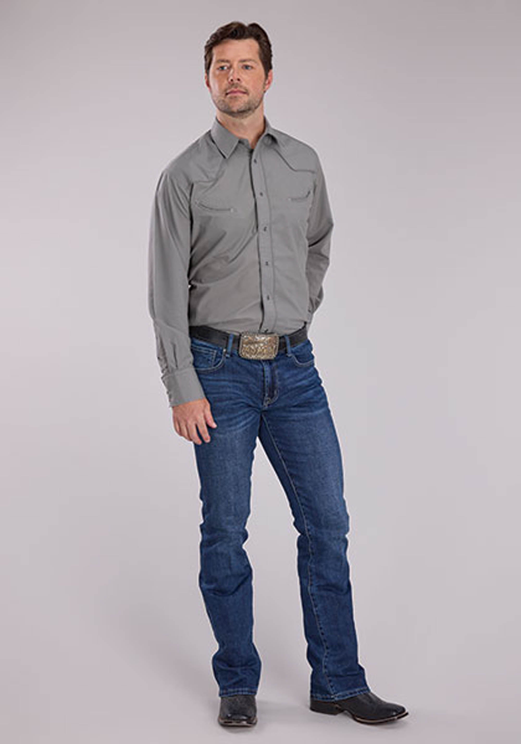 Roper Mens Long Sleeve Snap Solid Broadcloth - Light Smoke Grey Western Shirt