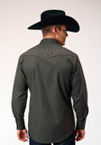 Roper Mens Long Sleeve Snap Dark Charcoal Grey Broadcloth Western Shirt With Self Piping And Embroidery On Yokes - Roper