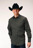 Roper Mens Long Sleeve Snap Dark Charcoal Grey Broadcloth Western Shirt With Self Piping And Embroidery On Yokes - Roper