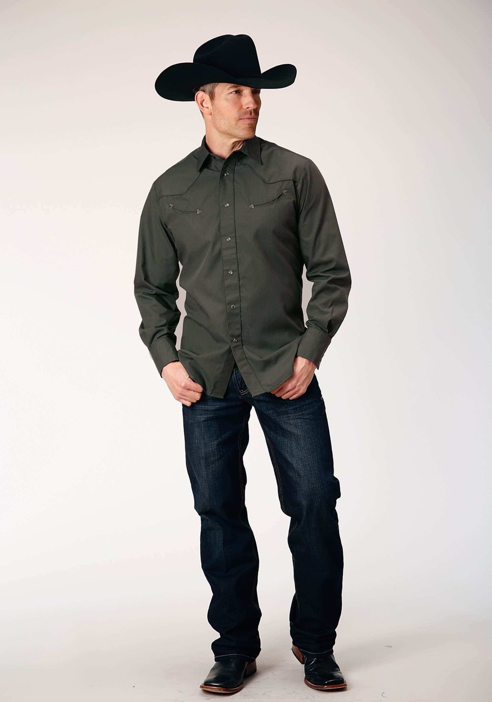 Roper Mens Long Sleeve Snap Dark Charcoal Grey Broadcloth Western Shirt With Self Piping And Embroidery On Yokes - Roper - Flyclothing LLC
