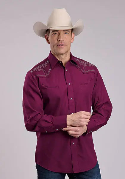 Mens Long Sleeve Snap Solid Broadcloth - Wine Western Shirt - Roper - Flyclothing LLC