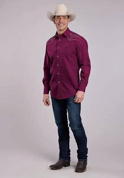 Mens Long Sleeve Snap Solid Broadcloth - Wine Western Shirt - Roper - Flyclothing LLC