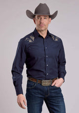 Roper Mens Long Sleeve Snap Deep Navy Solid Poplin Western Shirt - Roper - Flyclothing LLC