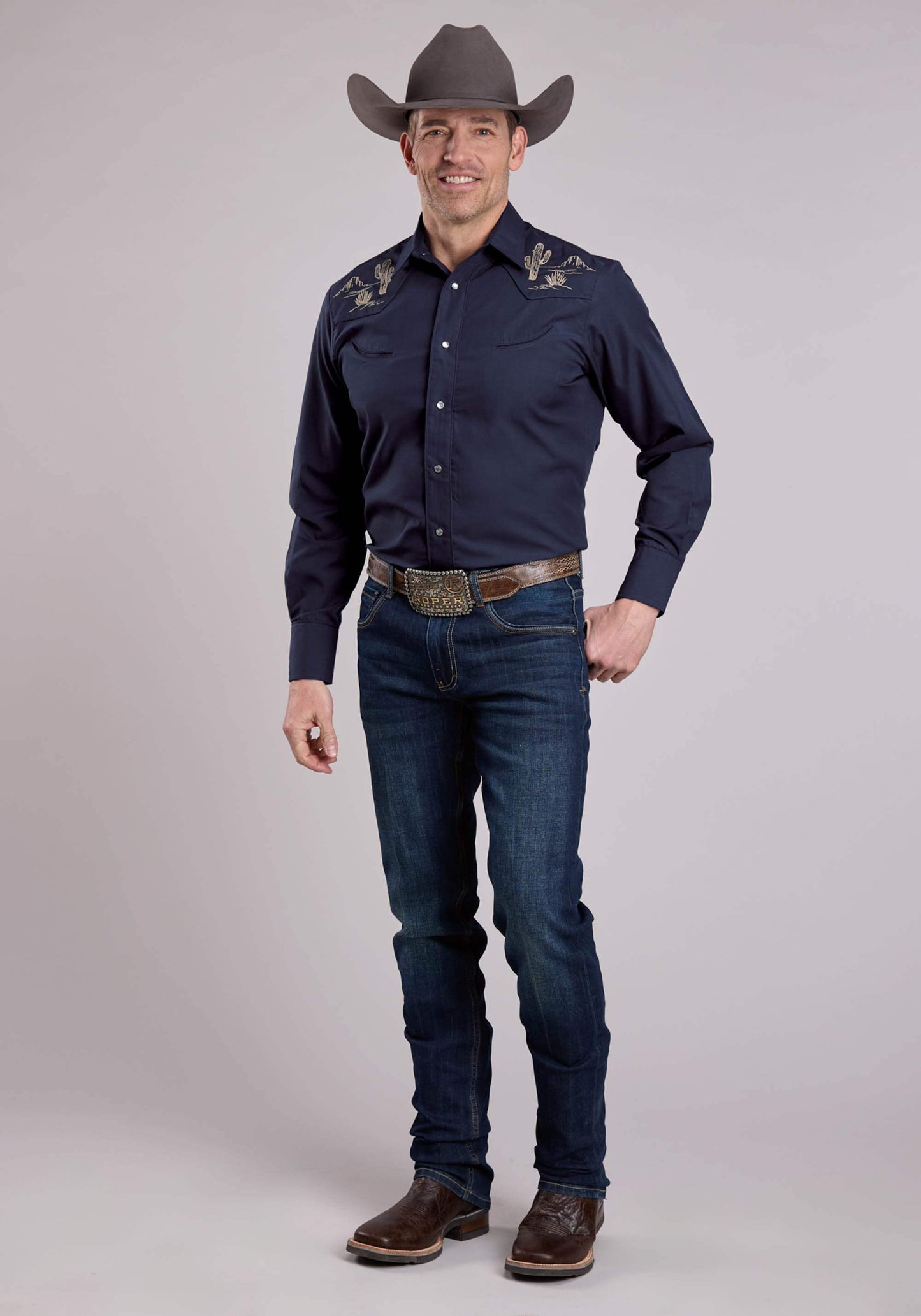 Roper Mens Long Sleeve Snap Deep Navy Solid Poplin Western Shirt - Roper - Flyclothing LLC