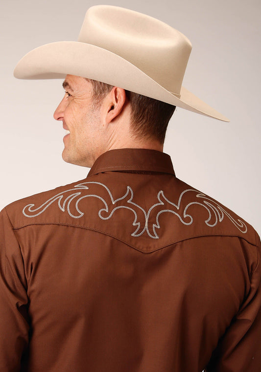 Roper Mens Long Sleeve Snap Solid Warm Browm Broadcloth Western Shirt - Roper