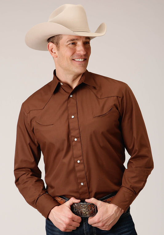 Roper Mens Long Sleeve Snap Solid Warm Browm Broadcloth Western Shirt - Roper