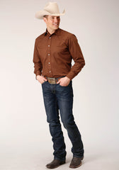 Roper Mens Long Sleeve Snap Solid Warm Browm Broadcloth Western Shirt - Roper