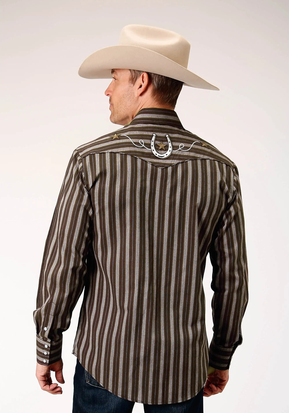 Roper Mens Long Sleeve Snap Chocolate Stripe Western Shirt With Self Piping And Embroidery On Yokes - Roper