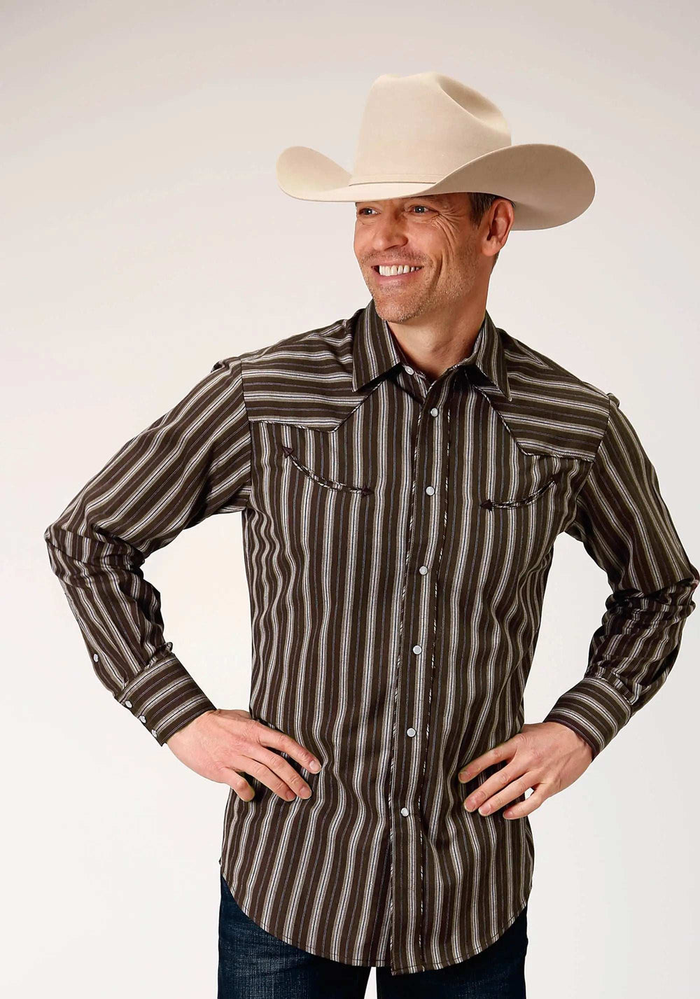 Roper Mens Long Sleeve Snap Chocolate Stripe Western Shirt With Self Piping And Embroidery On Yokes - Roper - Flyclothing LLC