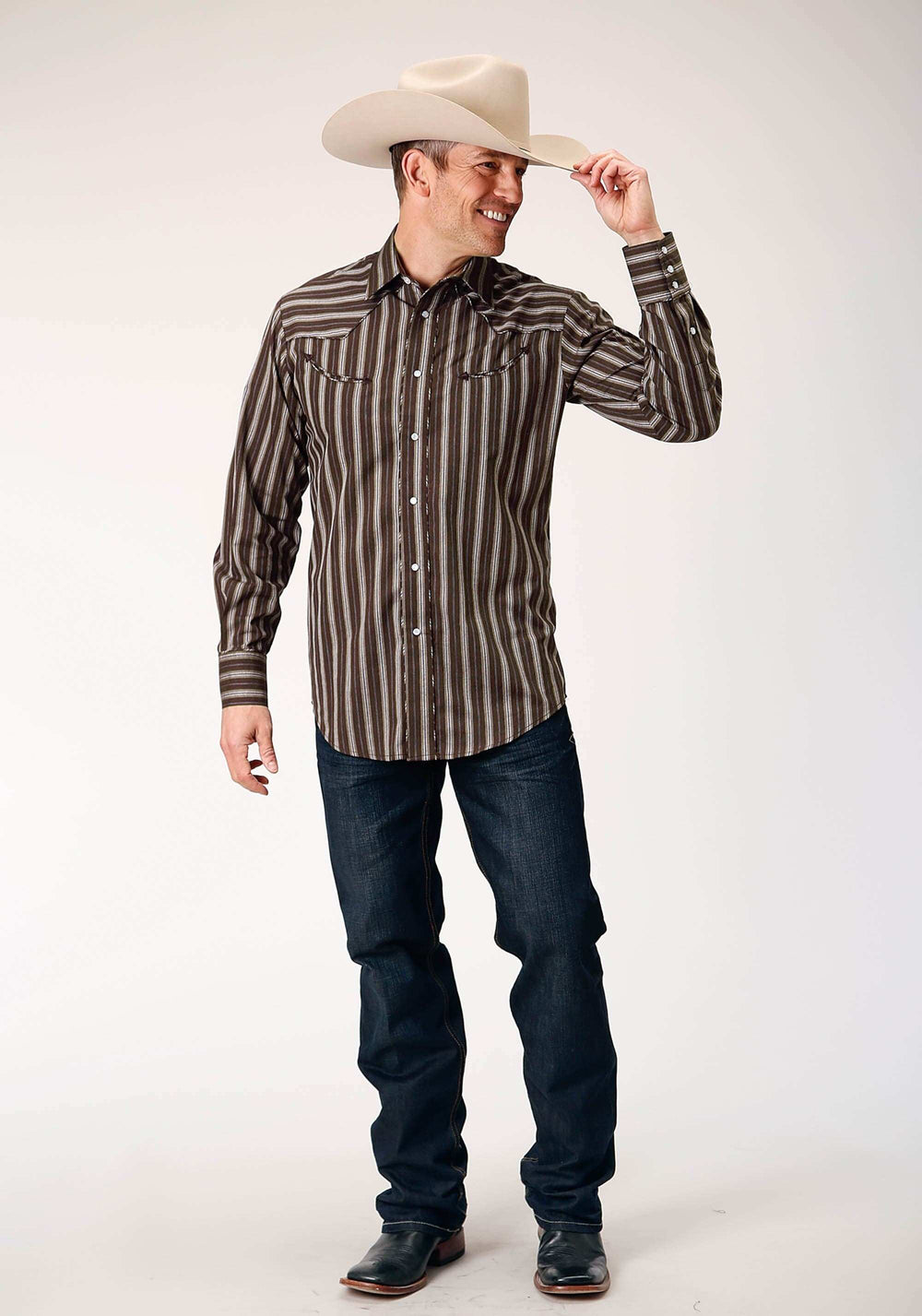 Roper Mens Long Sleeve Snap Chocolate Stripe Western Shirt With Self Piping And Embroidery On Yokes - Roper - Flyclothing LLC