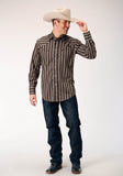 Roper Mens Long Sleeve Snap Chocolate Stripe Western Shirt With Self Piping And Embroidery On Yokes - Roper