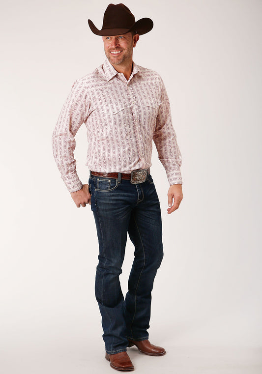 Roper Mens Long Sleeve Snap Wine And Cream Wallpaper Print Western Shirt - Roper