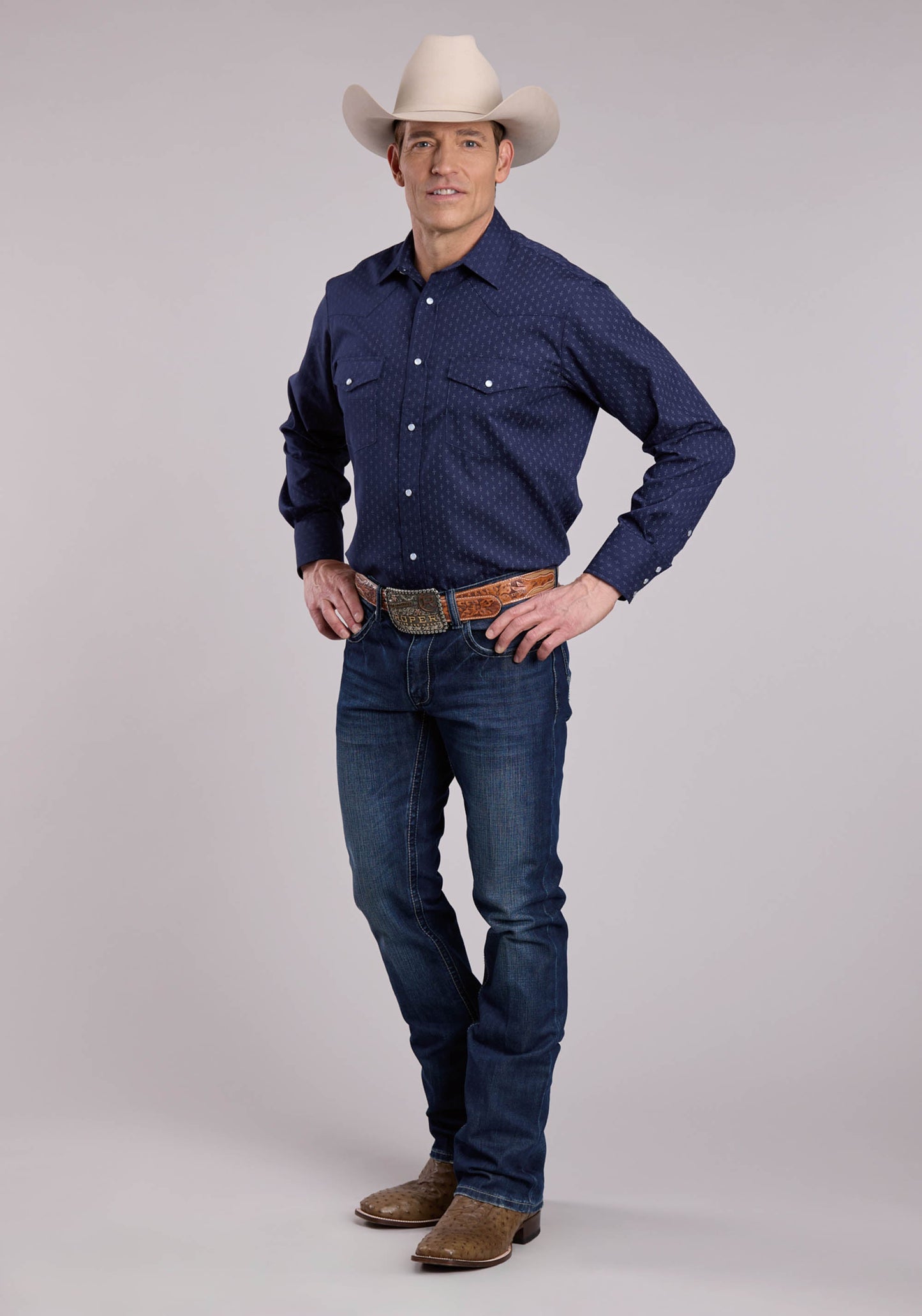 Mens Roper  Diamond Dots Print Long Sleeve Snap Shirt