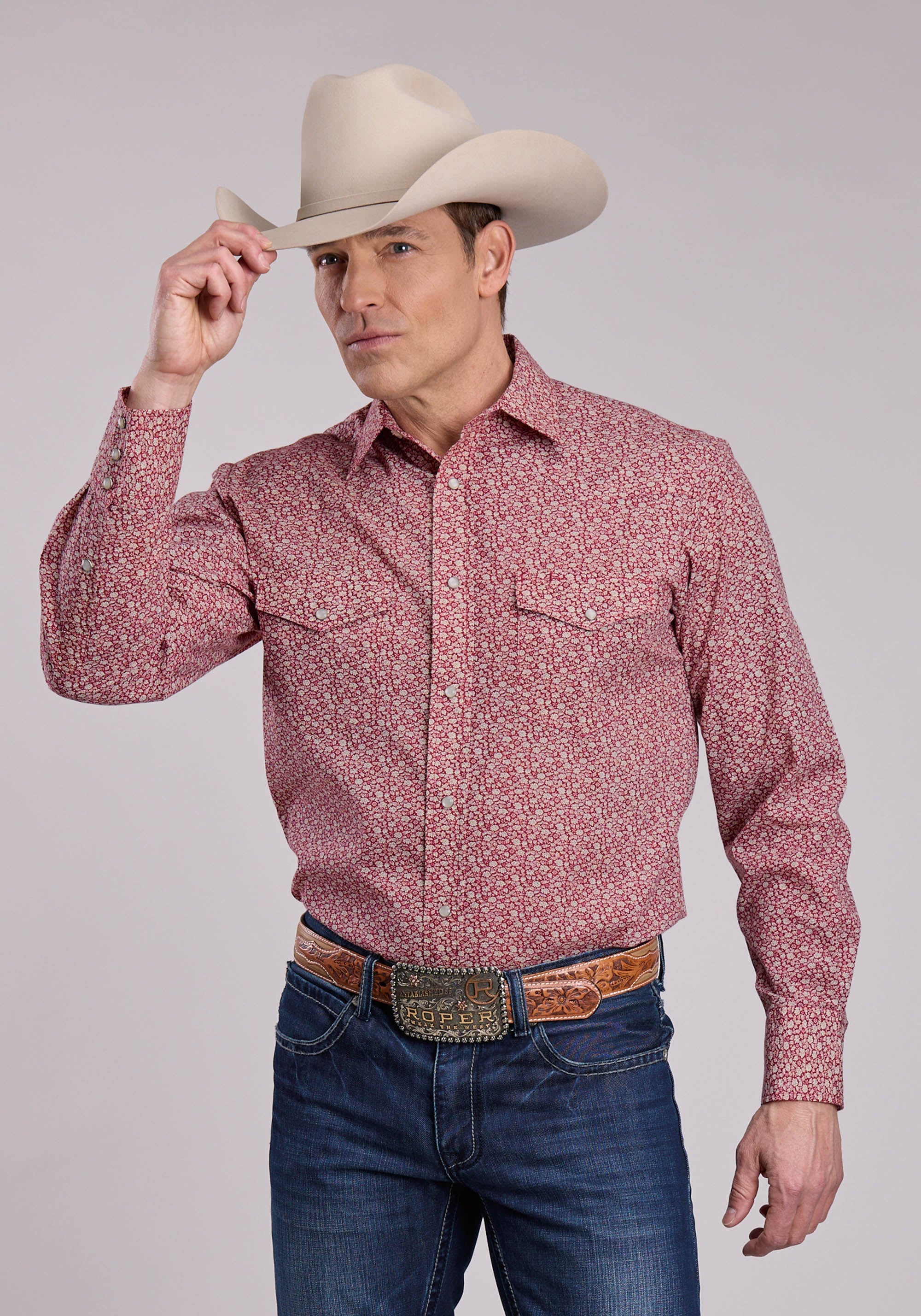 Mens Roper Red Floral Print Long Sleeve Snap Shirt
