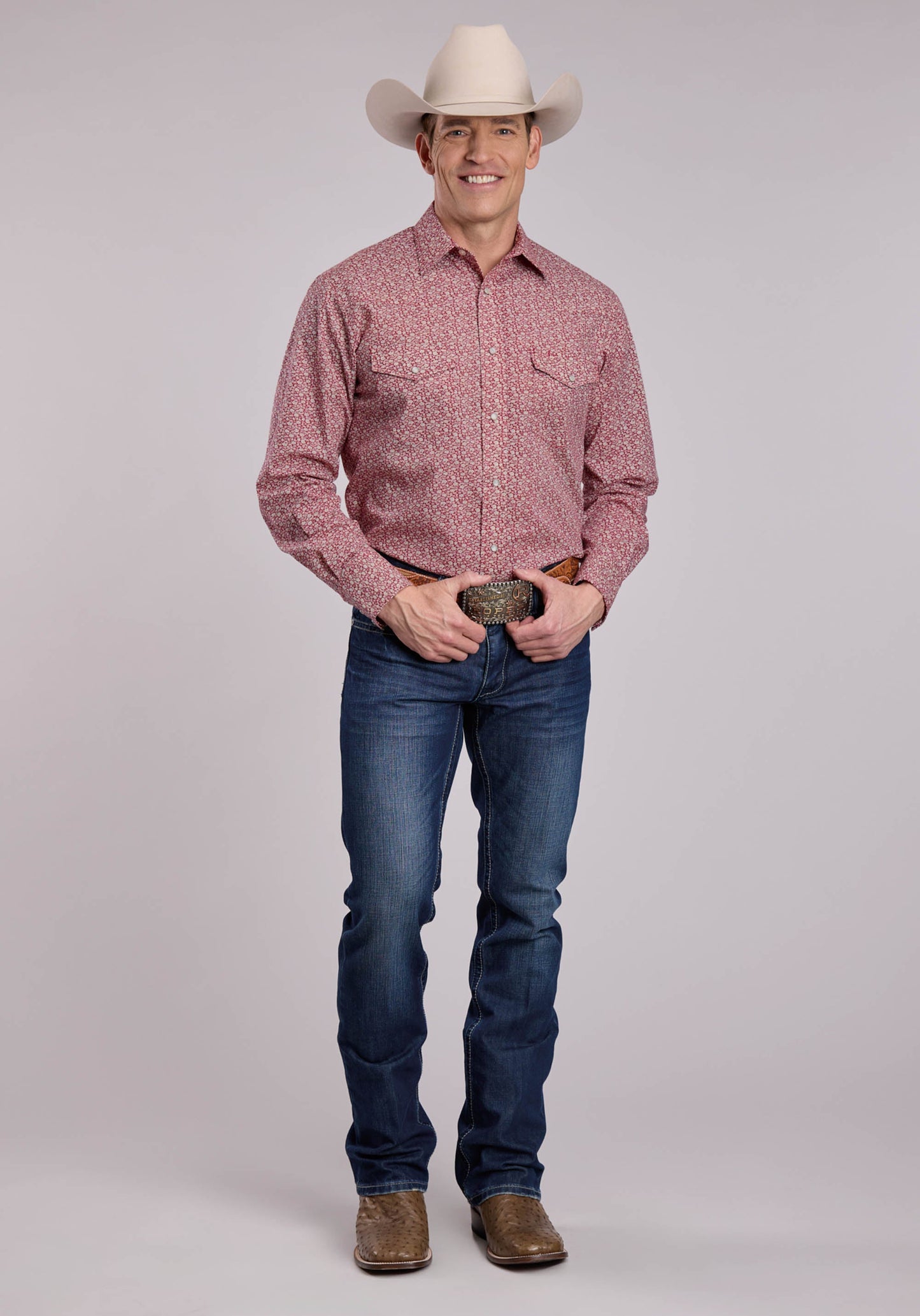Mens Roper Red Floral Print Long Sleeve Snap Shirt