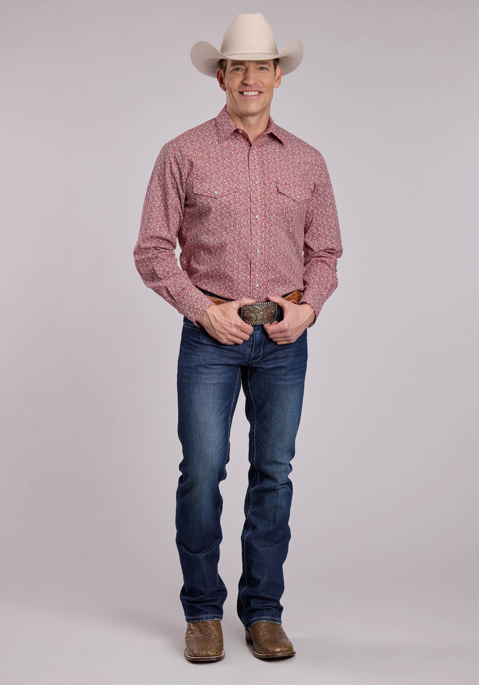 Mens Roper Red Floral Print Long Sleeve Snap Shirt