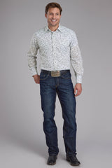 Roper Mens White And Black Paisley Print Long Sleeve Snap Western Shirt