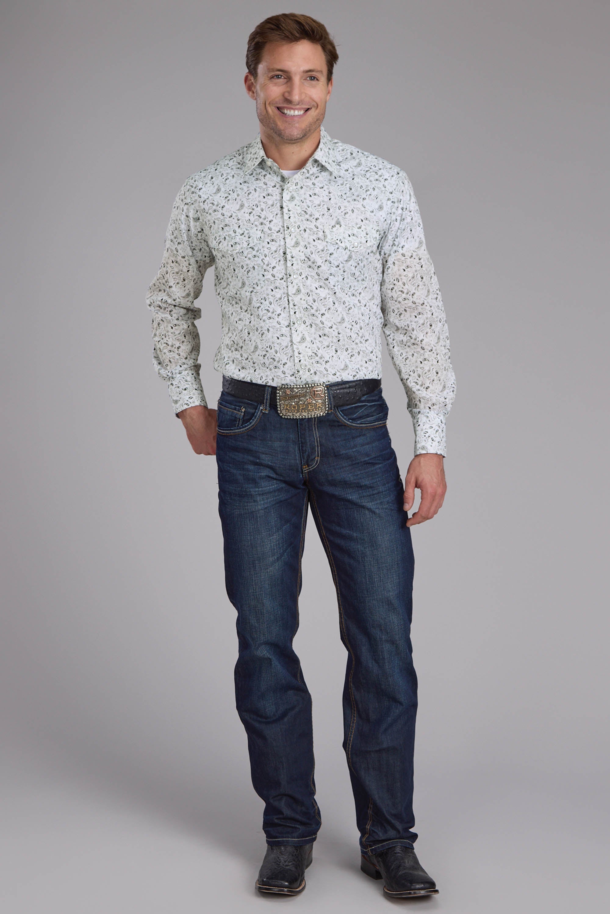 Roper Mens White And Black Paisley Print Long Sleeve Snap Western Shirt