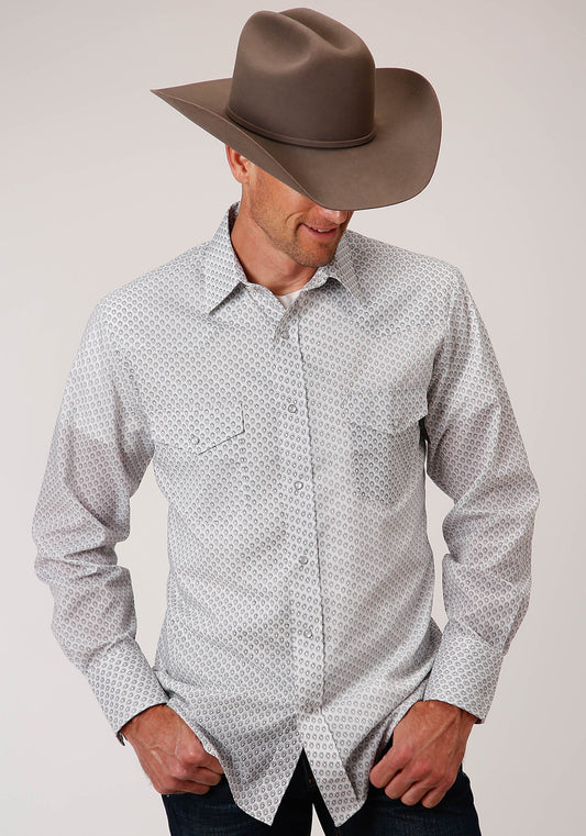 Roper Mens Long Sleeve Snap White  Black  Grey Teardrop Print Western Shirt - Roper