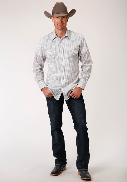 Roper Mens Long Sleeve Snap White  Black  Grey Teardrop Print Western Shirt - Roper