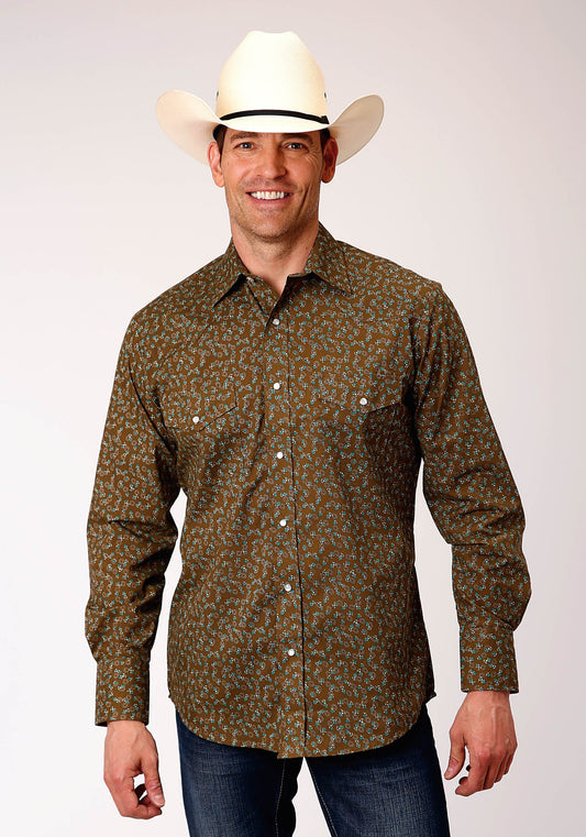 Roper Mens Long Sleeve Snap Brown Turquoise And Cream Mini Floral Print Western Shirt - Roper