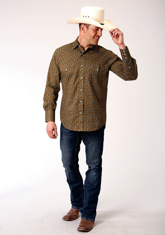 Roper Mens Long Sleeve Snap Brown Turquoise And Cream Mini Floral Print Western Shirt - Roper