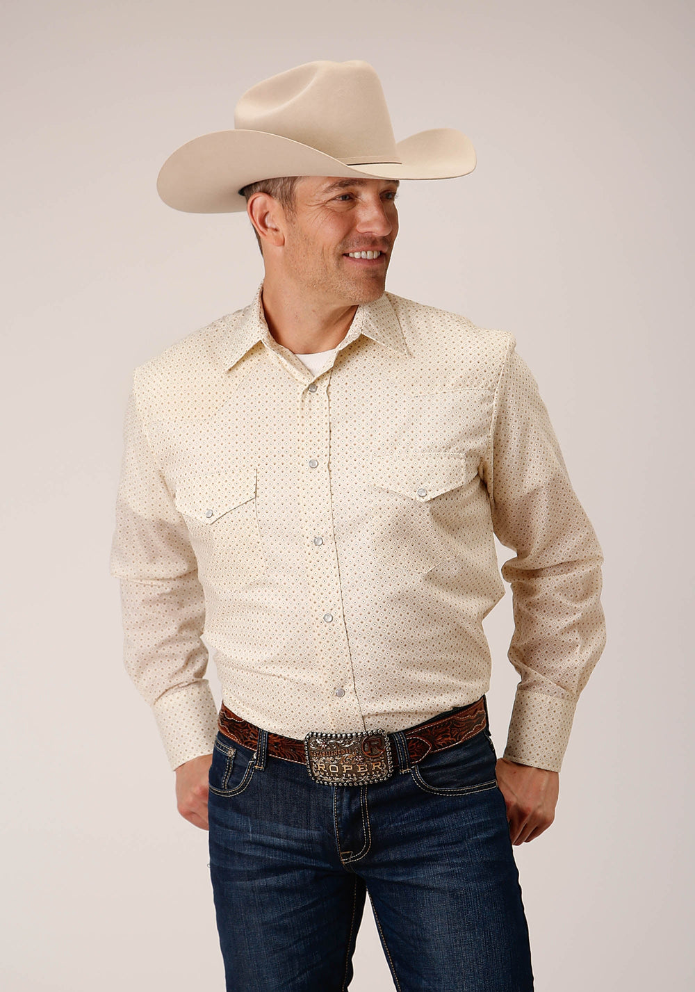 Roper Mens Long Sleeve Snap Cream Diamond Print Western Shirt - Roper