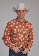 Roper Mens Orange And Cream Floral Long Sleeve Snap Western Shirt - Roper - Flyclothing LLC