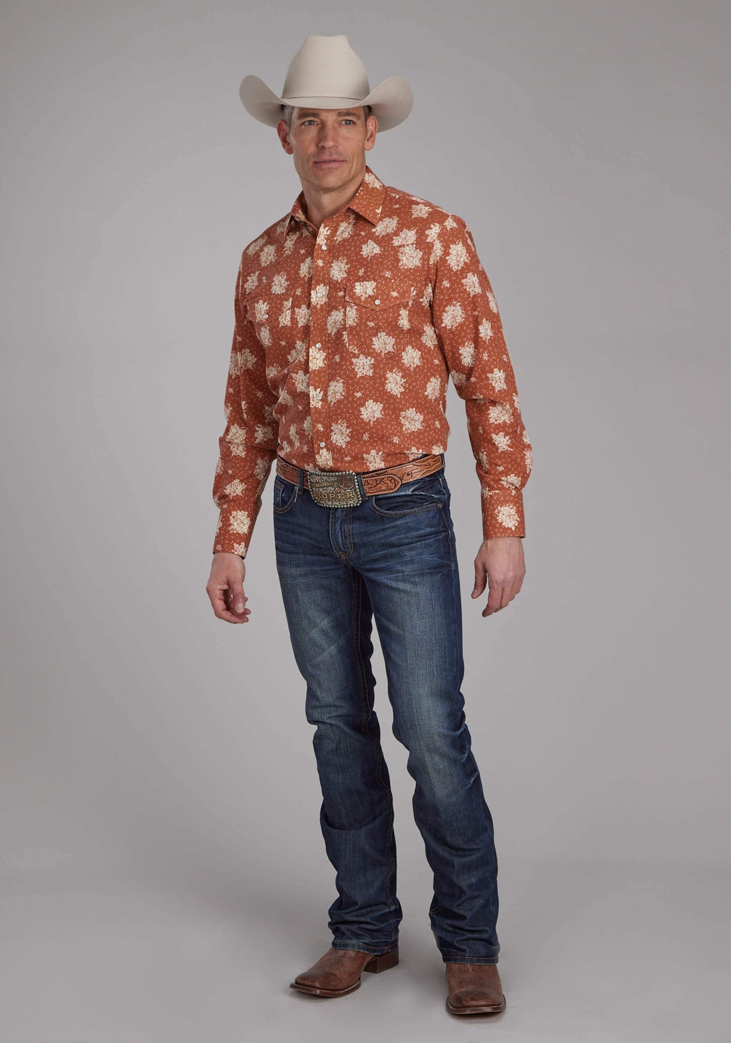 Roper Mens Orange And Cream Floral Long Sleeve Snap Western Shirt - Roper - Flyclothing LLC